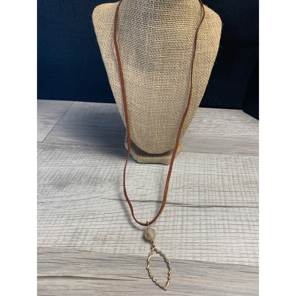 Grace Leather Cord Necklace Gold Tone Marquise Stone Bead Boho 30 Inch